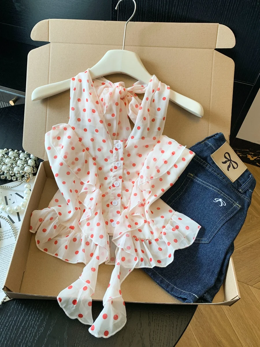 Unique Polka Dot Halter Neck Chiffon Tank Top with Skirt Hemming Spicy Girl Pink Summer Fashionable Top Women's Vest Blouse