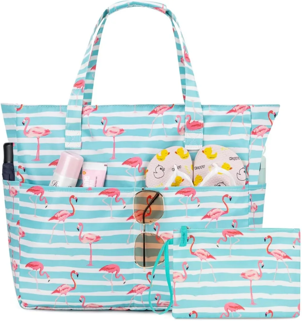 KABAQOO Extra Large Beach Bag Waterproof Sandproof Women Beach Tote with Zipper & Wet Compartment For Pool Gym Grocery Travel