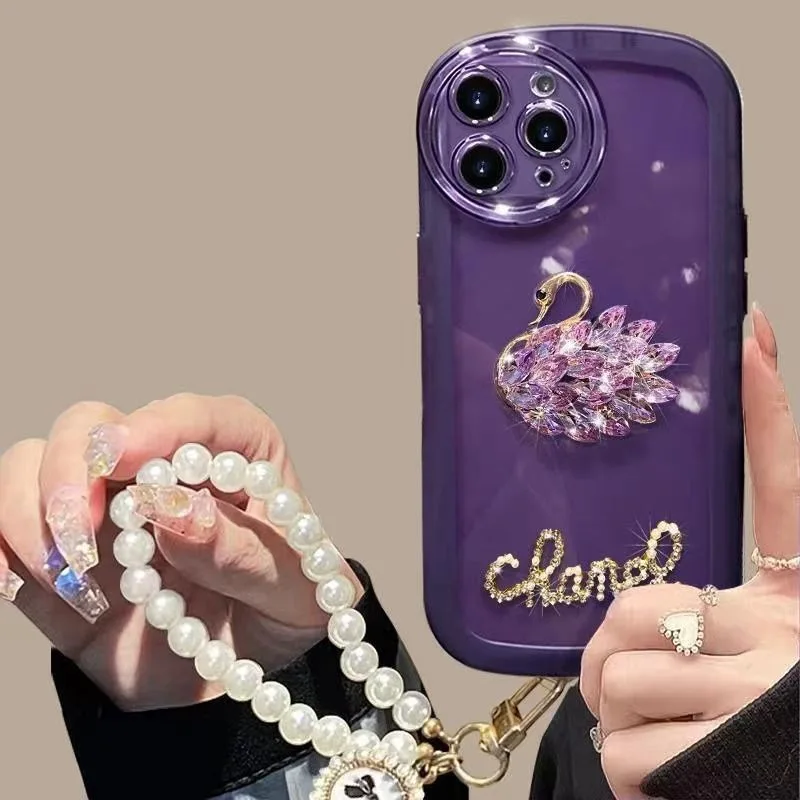 أبل 16 15 برو بلس آيفون 14 13 12 11 8 7 6 Se X Xs Promax الفاخرة حجر الراين سوان اللؤلؤ سوار جراب هاتف شفاف #3