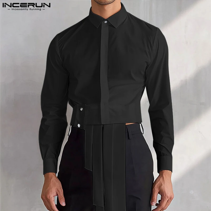 INCERUN Men Deconstruction Design Shirts Handsome Long Sleeve Chemise Solid Color Handsome Tops Lapel Collar Open Up Shirts