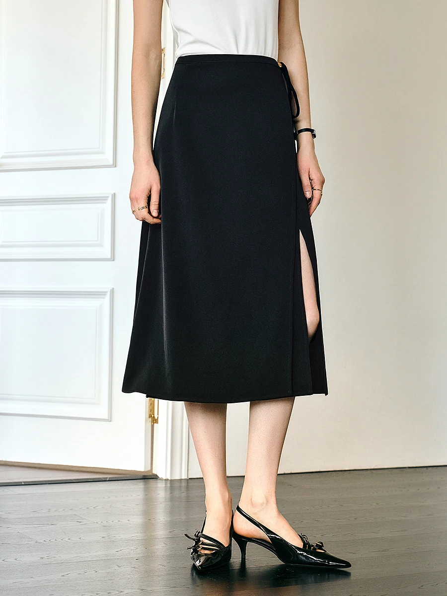 OLrain Black Slit Skirts Women 2025 Spring Summer Office Lady Lace-up Elegant Simple Split Midi Skirt Female Clothes O57XB96399