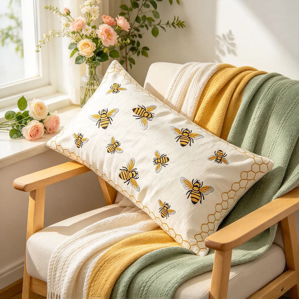 Bee Honeycomb Embroidery Print Rectangle Pillow Covers, Home Decor, Sofa Couch, Bedroom Living Room, Polyester, Machine Washable