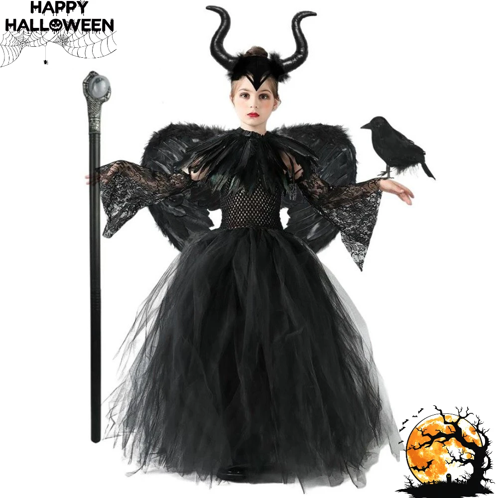 

Halloween Maleficents Costume for Girls Evil Queen Dress Up Costumes Witch Devil Black Tulle Mesh Princess Dress Cosplay Clothes