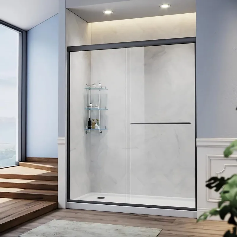 

Shower 58.5-60 inches. Width X 72. H Semi-frameless double sliding glass shower door, 1/4 inch, black