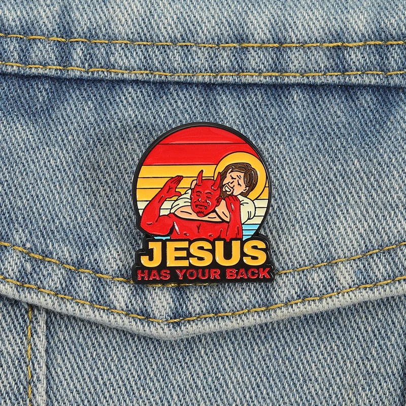 Jesus und Teufel UV-Drucksnadeln Jesus hat Ihren Rücken Broschen Anstecknadeln Punk Lustiger Schmuck Geschenk für Kinder Freunde