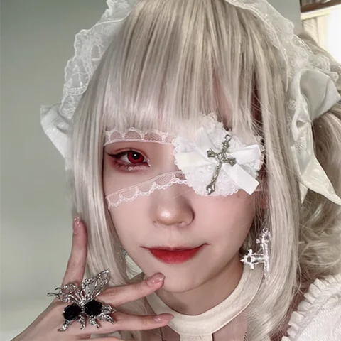 할로윈 펑크 고딕 크로스 아이 마스크 코스프레 로리타 아이 패치 레이스 하트 보우 안경 액세서리 카니발 소품