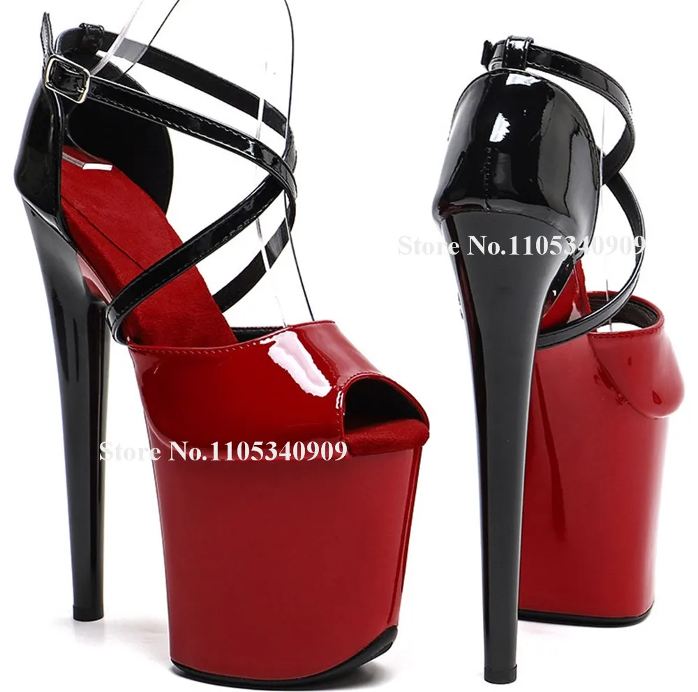 Bondarenko Red Patchwork Black Patent Leather Stiletto Heel Sandals Peep Toe Straps Cross Platform 20cm Thin Heel Dance Shoes