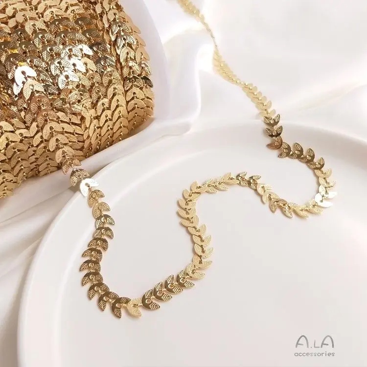 14K الذهب معبأ Colorfast ورقة فضفاضة سلسلة اليد سلسلة جوفاء أوراق الصفصاف القرط ملحق DIY بها بنفسك لوازم المواد الحرفية