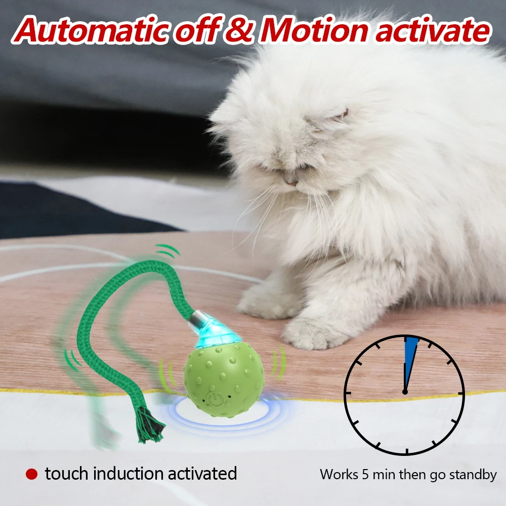 Juguete interactivo de bola rodante para gato, bola giratoria automática activada por movimiento con cola larga, simulación de sonido de pájaro,