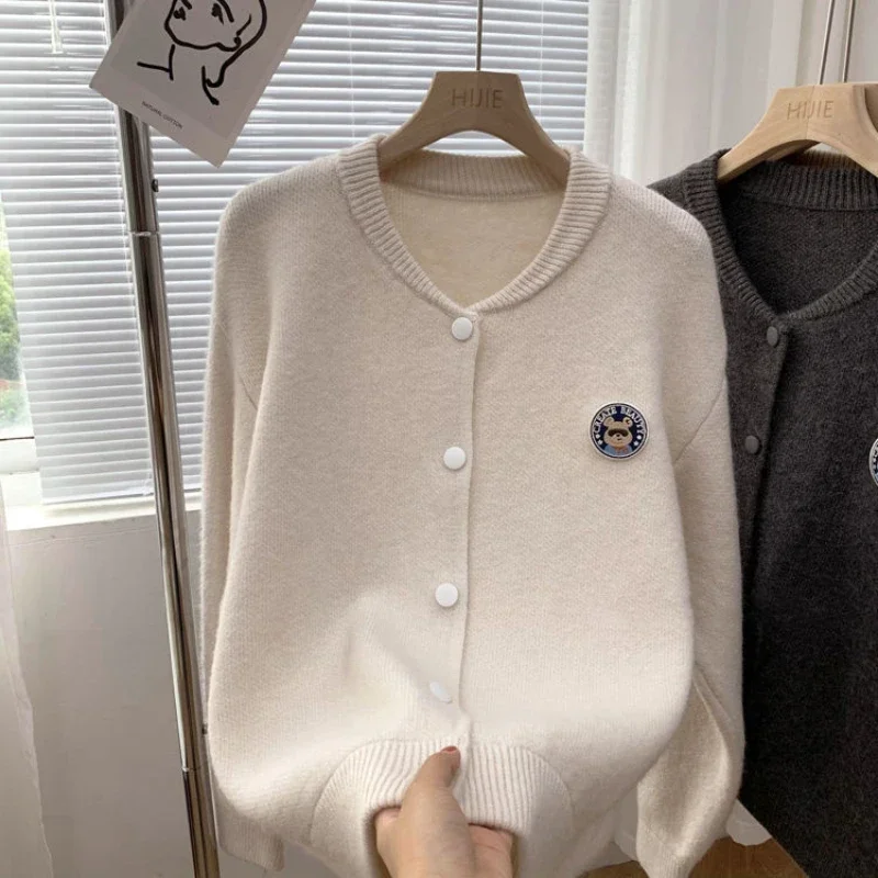 Women's Sweater Kawaii Cardigan Knit Tops for Woman Cute Embroidered Off White Anime Jumper Long Sleeve Fashion 2024 Warm Modern