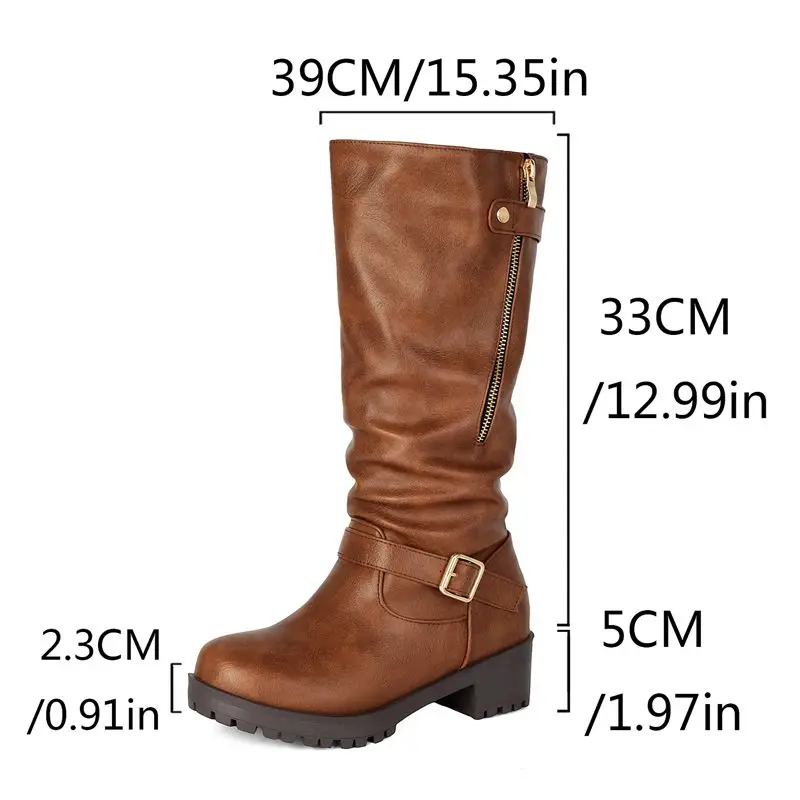 Girseaby Womens Footwear Ankle Length Boot Curved Toe 5cm Chunky Lift 2.3cm Thick Sole Side Zip Waist Belt Big Range 43 44 45