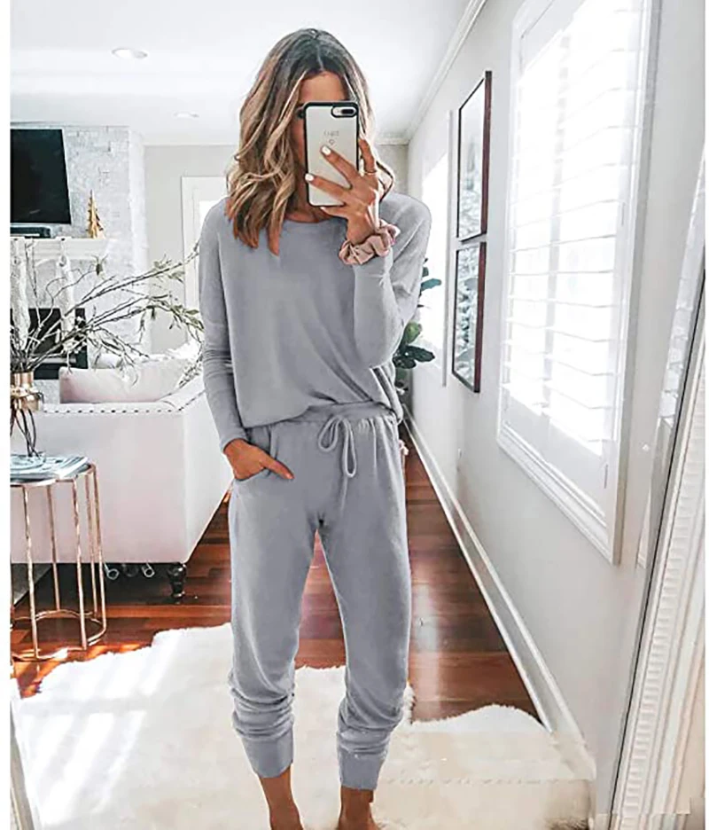 Spring Autumn Sportswear Fashion Women's Casual Pure Color Loose Hoodies Long sleeved Pullover with Sweatpants Two Pieces Set