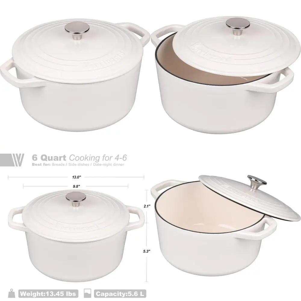 

Белая эмалированная чугунная жаровня (голландская печь) объемом 6 кварт с крышкой, идеально подходит для выпечки хлеба на закваске.