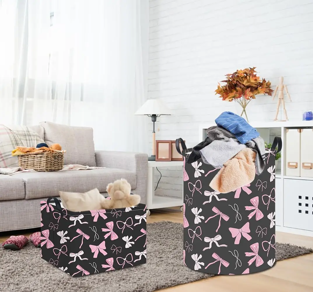 Pink Bow Print Laundry Basket Kids Dirty Clothes Hamper Waterproof Toys Storage Bin Room Decor Gift Baskets Nursery Hamper