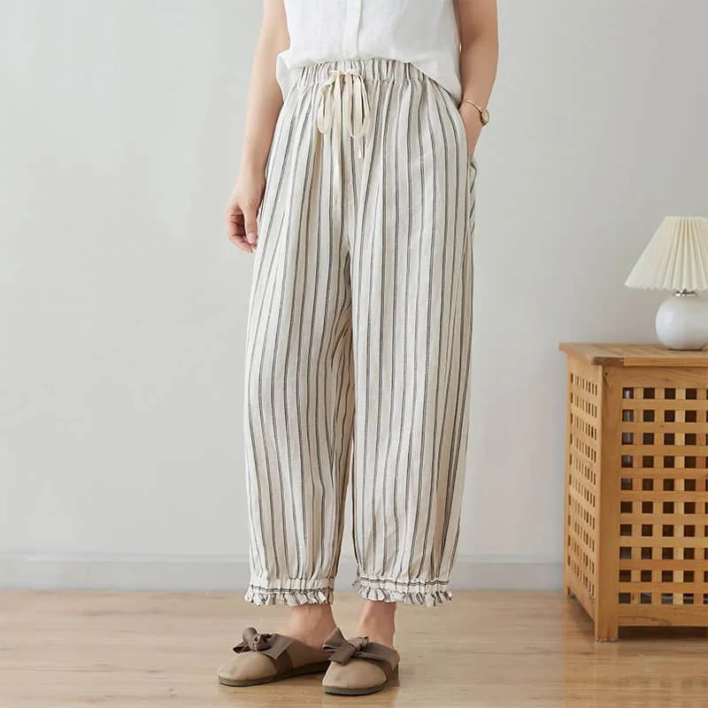 

Casual Straight Pants Elastic Waist Striped Literary Linen Lantern Trousers Loose Summer Streetwear Korean Style Women Clothing