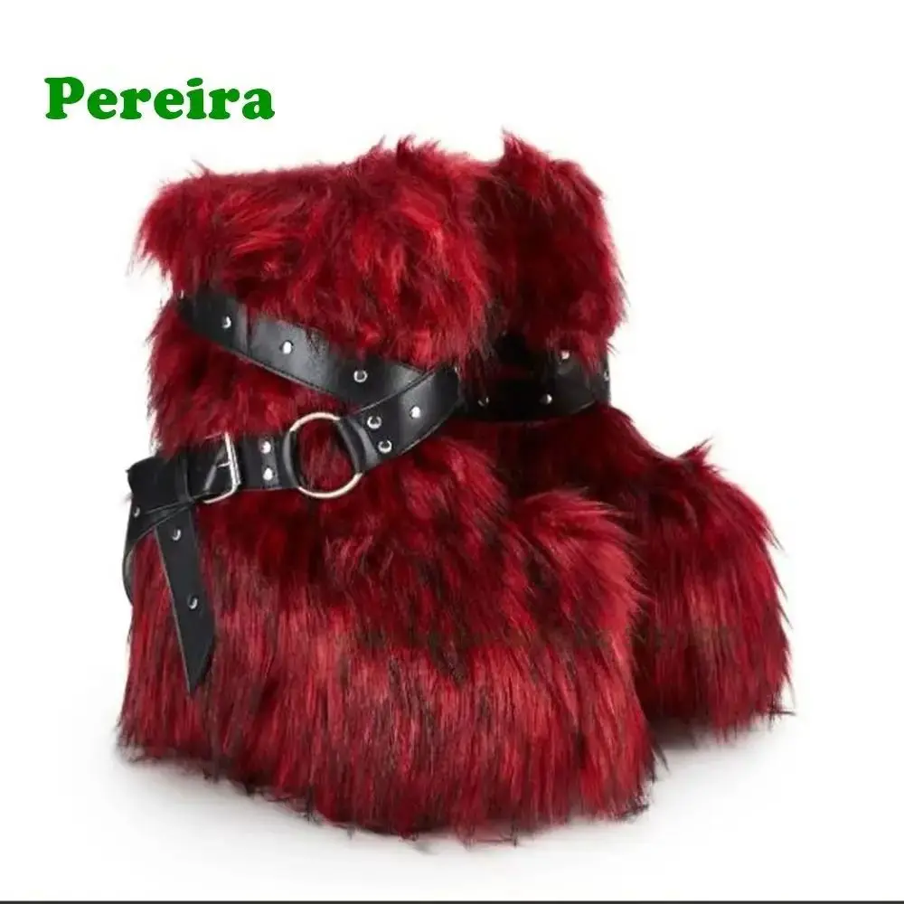 

Red Animal Fur Belt Buckle Mid-Calf Boots Platform Round Toe Plush Warm Winter Women's Boots Slip On Rivet Runway Shoes Sexy