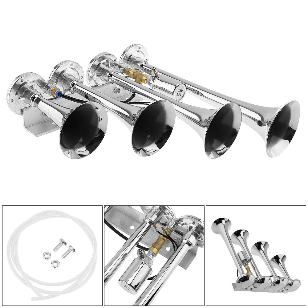 12V / 24V 185dB Silver / Black Super Loud Four Trumpet Car Air Horn for Car Vehicle Truck Train Boat Motorcycle Automobiles