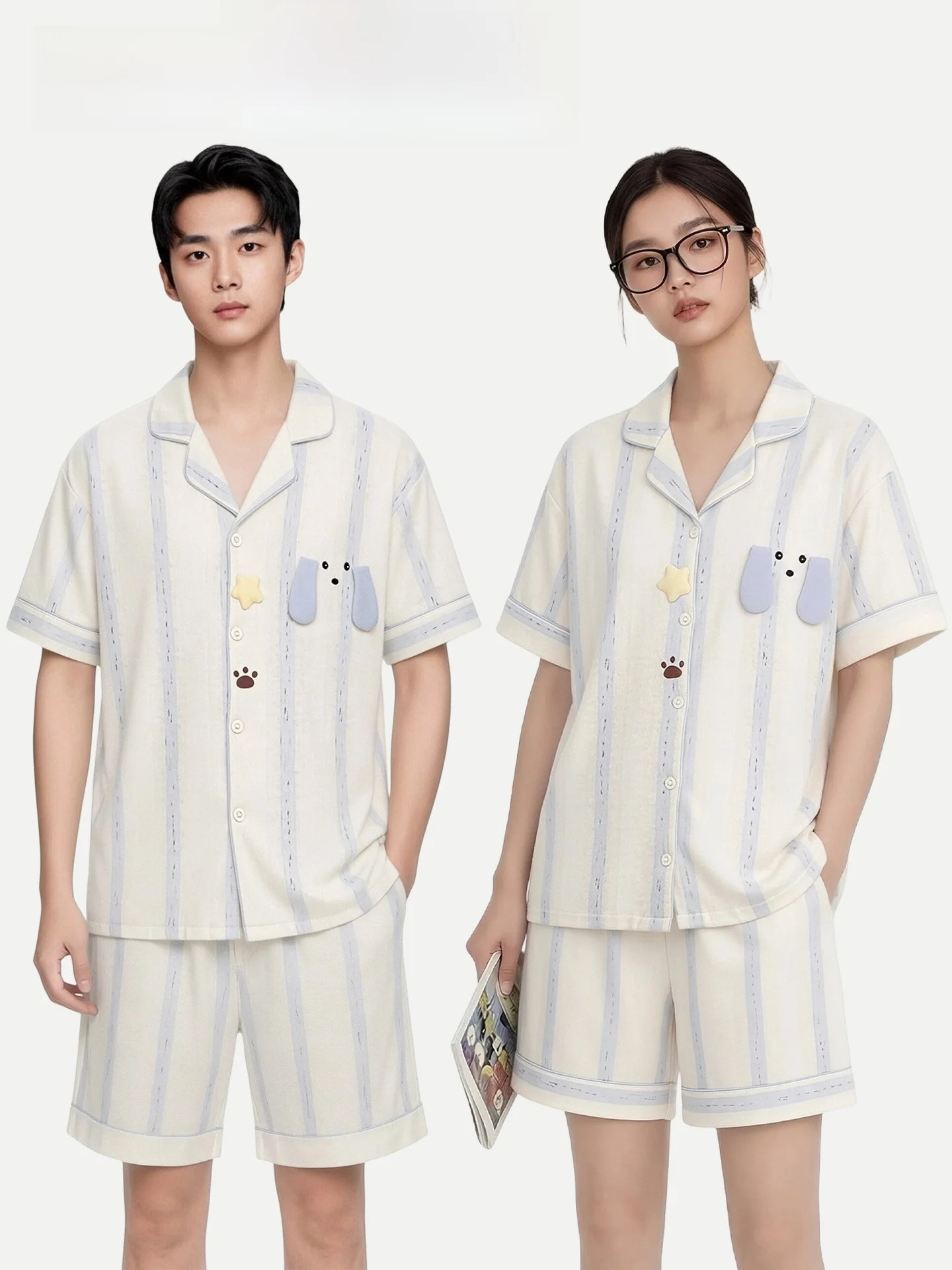 pigiama-da-coppia-pinkbread-star-paw-print-in-puro-cotone-a-maniche-corte-da-donna-abbigliamento-estivo-per-la-casa-adatto-per-l'uso-all'aperto