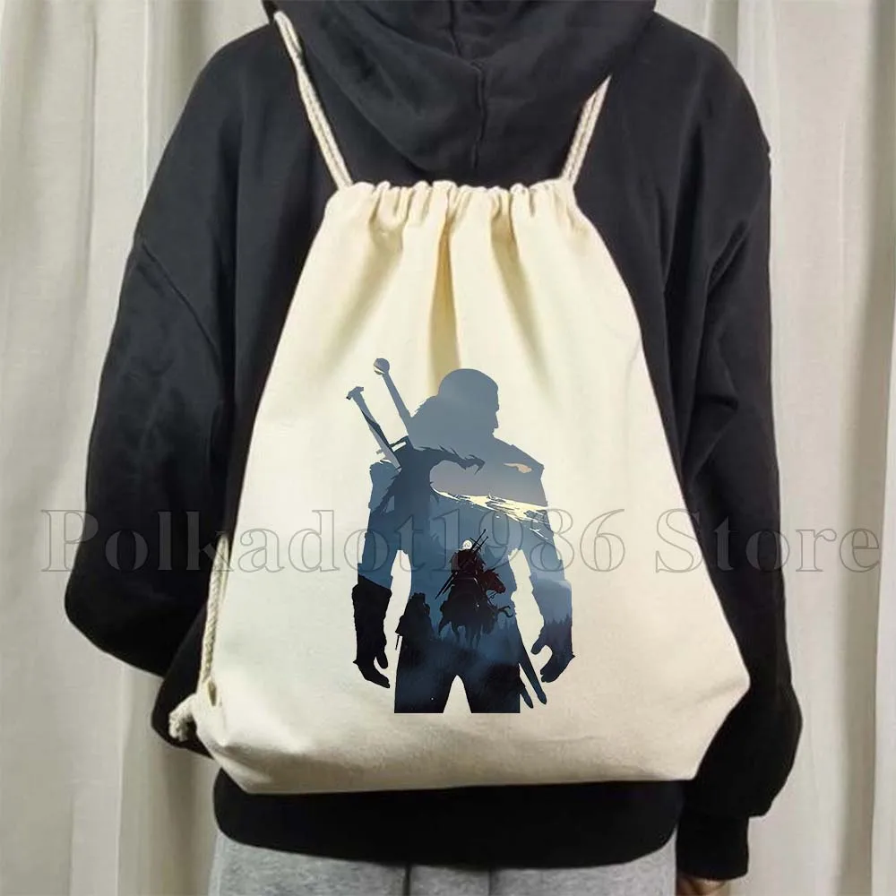 The Wild Hunt Fan Gifts Men Women Geralt Print Canvas Drawstring Soccer Backpack Gym Sackpack String Bag for Hiking Sports Yoga