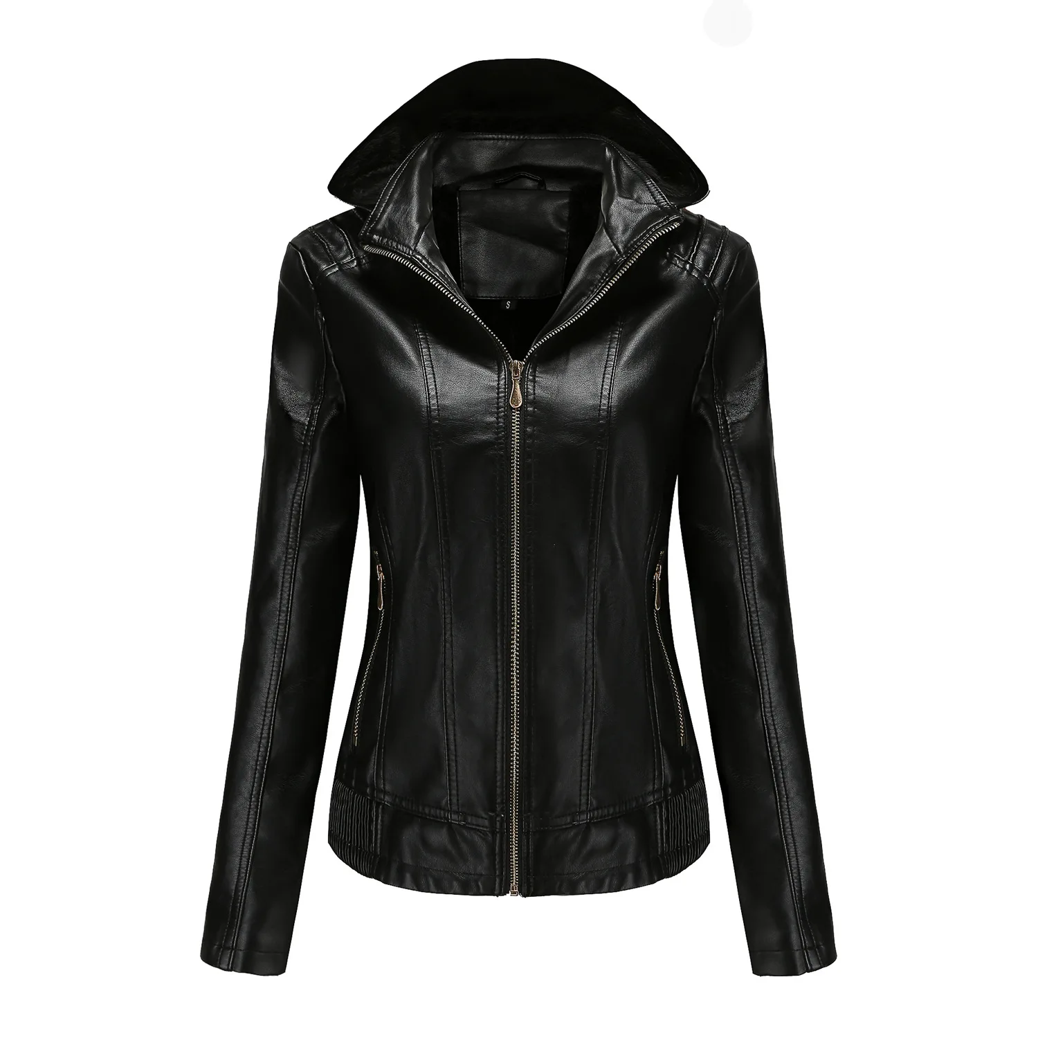 Purchasing winter hooded leather jackets, women's detachable hats, zippered motorcycle plush leather jackets, slim fitting jacke