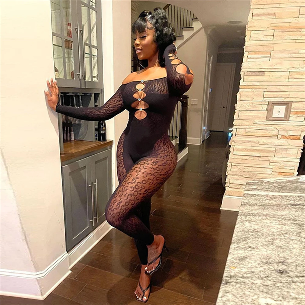 Neuer Lässiger Streetwear-Bodysuit Schulterfreier Bodycon Ausgeschnittener Langarm Sexy Jacquard-Netz Damen-Jumpsuit Playsuit