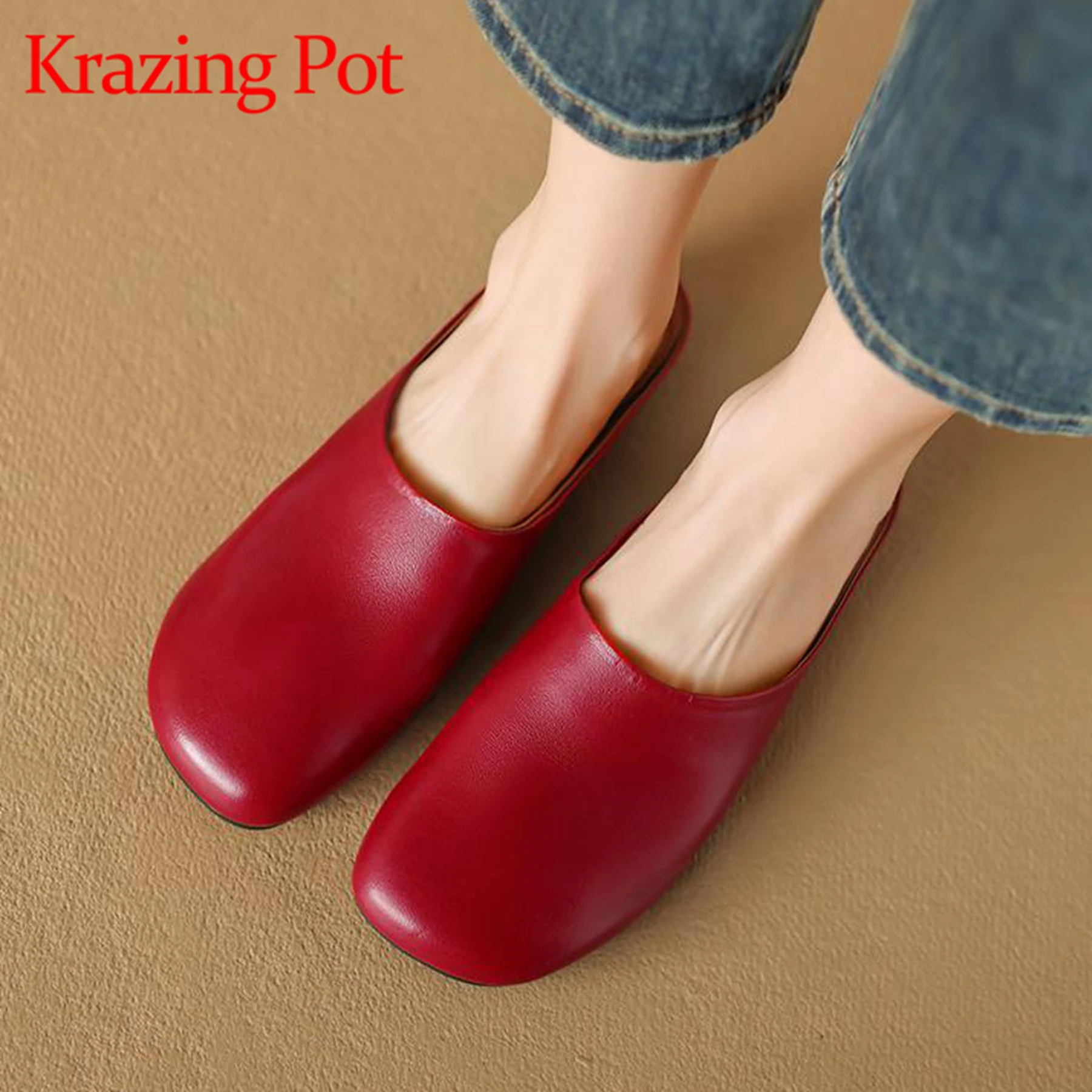 Krazing Pot Sheep Leather Summer Shoes Slip On Flat With Slingback Outside Street High Fashion Slippers Concise Design Mules