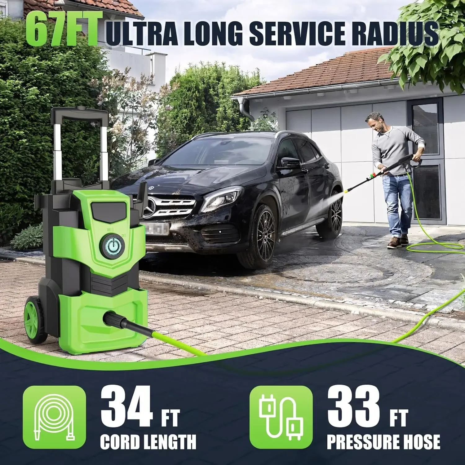 Adjustable Electric Pressure Washer 5000PSI with 33FT Flexible Extension Hose + 34FT Power Cord, 4 Nozzles, Foam Cannon, Best Po