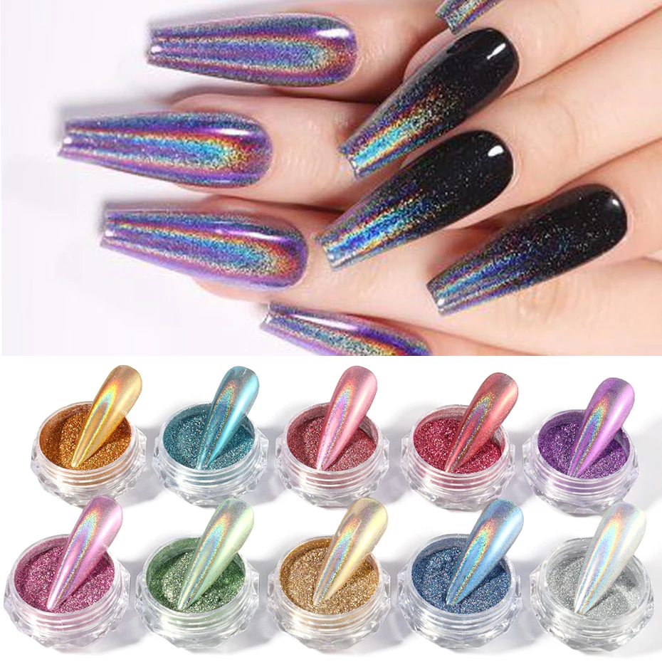 Holographic Laser Nail Glitter Shining Reflective Mirror Chrome Powder Metallic Rub Dust Pigment Nail Art Flakes Decoration