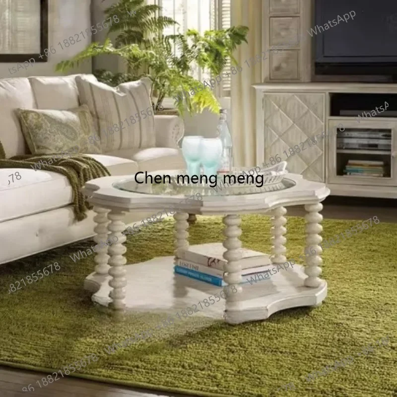 

RR American rural solid wood old round coffee table simple European white open paint living room tea table