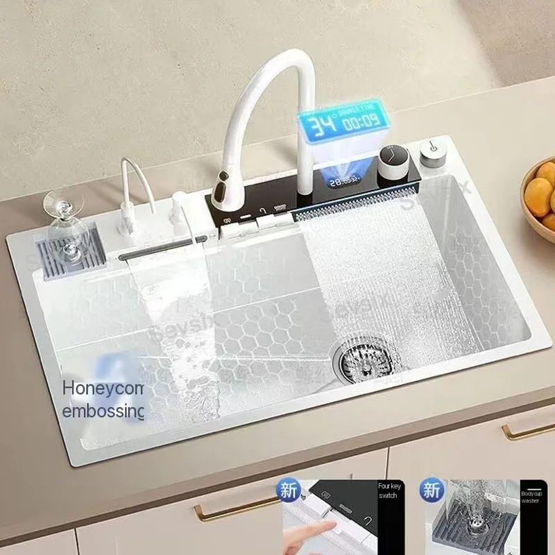 White Whale 304 Stainless Steel Waterfall Sink Digital Display Kitchen Household Large Single Sink Vegetable Washing sink