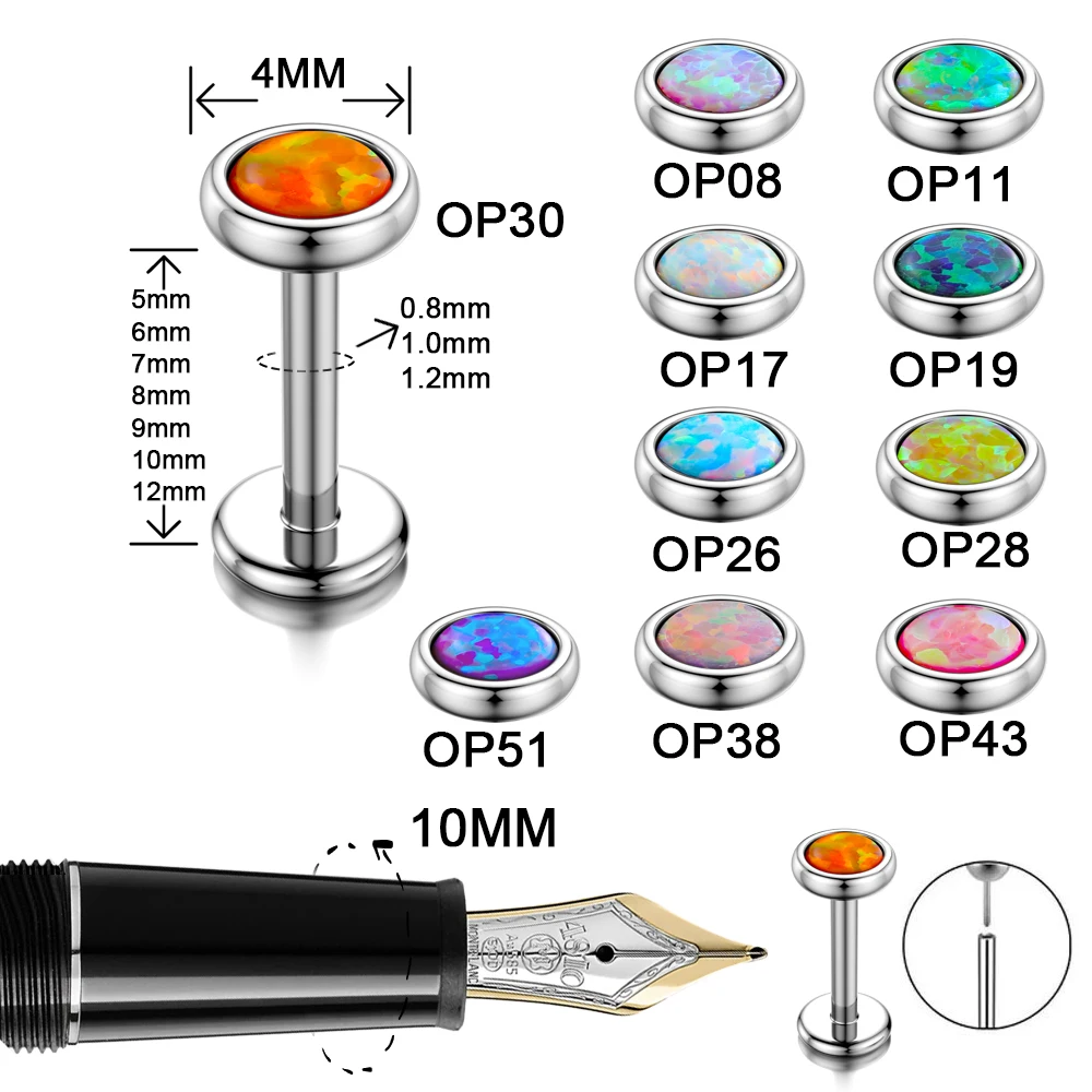 G23 Titanium Nose PIERC Conch Cartilage Push Pin insertion Ear Studs Labret Flat Back Opal Lip Studs Fashion Piercing Jewelry
