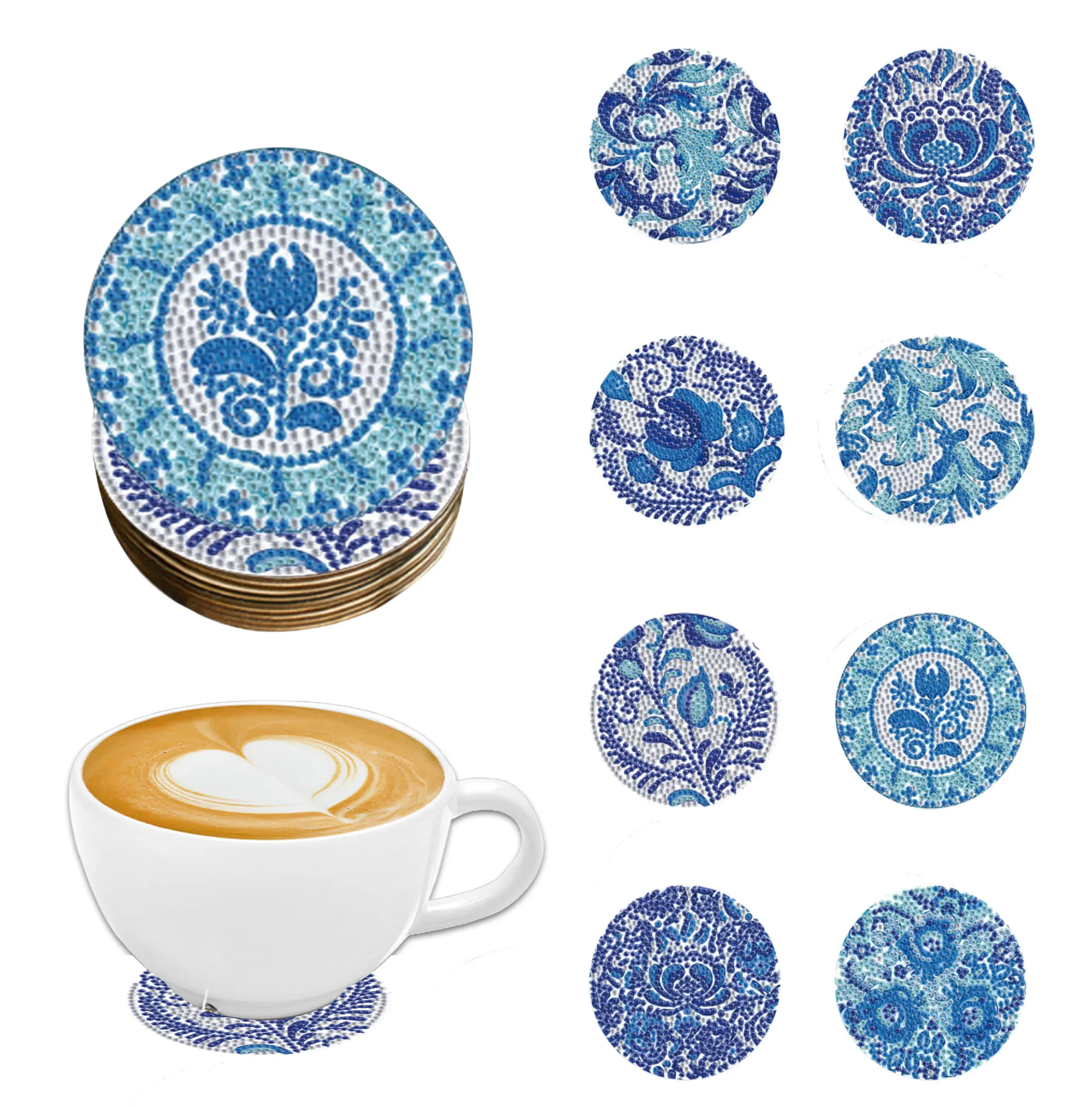 8 pieces DIY diamond painting set blue and white porcelain coaster special shape crystal artificial diamond Mosaic process