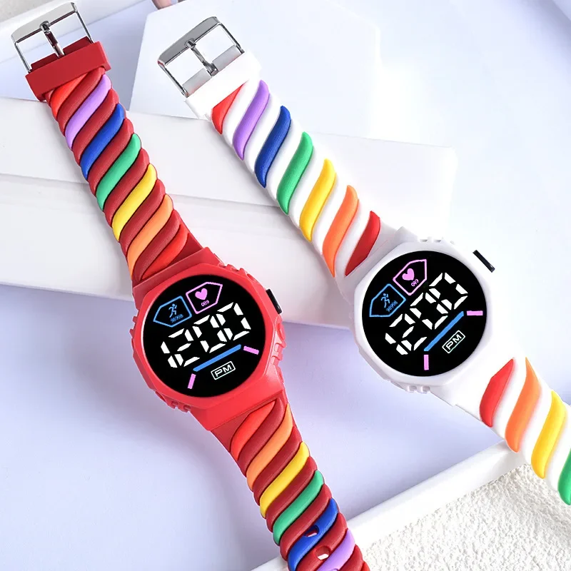 Montre électronique de sport de plein air pour enfants, arc-en-ciel, bracelet en silicone, étanche, LED, montres numériques pour enfants, cadeaux pour fille et garçon, nouveau