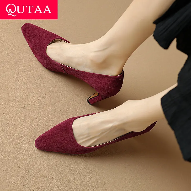 QUTAA 2025 Fashion Women Pumps Shoes Chunky High Heels Spring Elegant Summer Pointed Toe Casual Shoes Woman Black Size 34-39