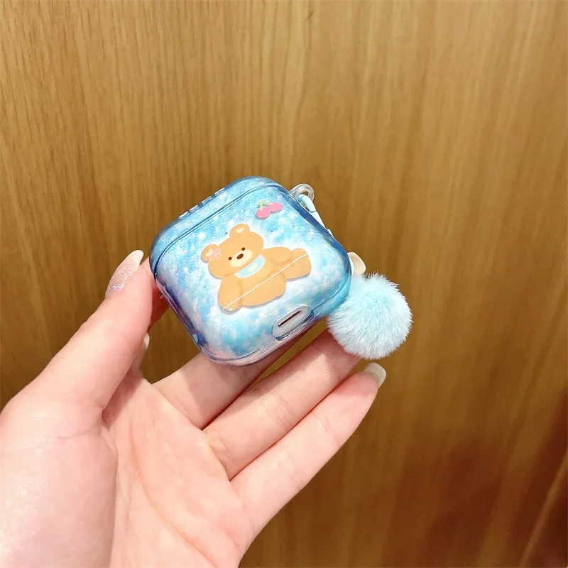 블루 카툰 테디 베어 케이스, 에어팟 4, 에어팟 1, 2, 3 프로, 프로 2 용, 블루투스 이어버드 충전 박스, 보호 이어폰 케이스 커버