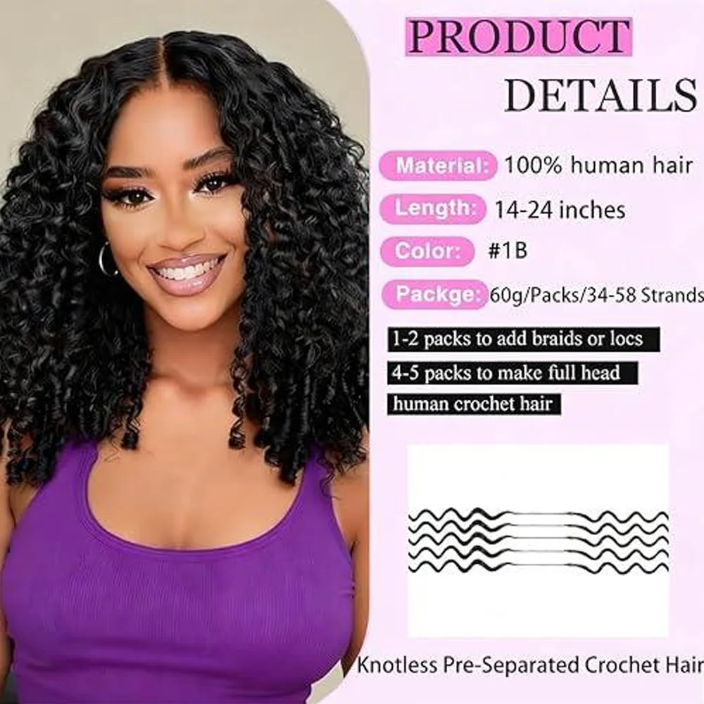12A Natural Black Burmese Curly Pre-Looped  Feather Crochet Hair Extensions 100% Human Hair Pre-Separated Invisible Feather-Line Crochet Hair For Braiding Knotless Boho Braids with Spiral Ends Soft Fluffy Daily Wear For Women And Girls - view 3