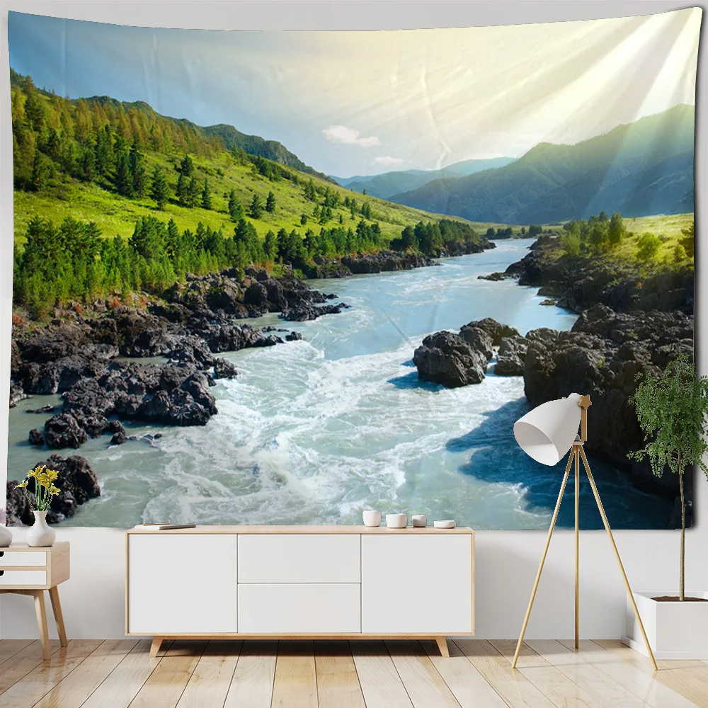 Natural mountain and river tapestry landscape, jungle waterfall wall hanging, suitable for home, office and dormitory decoration