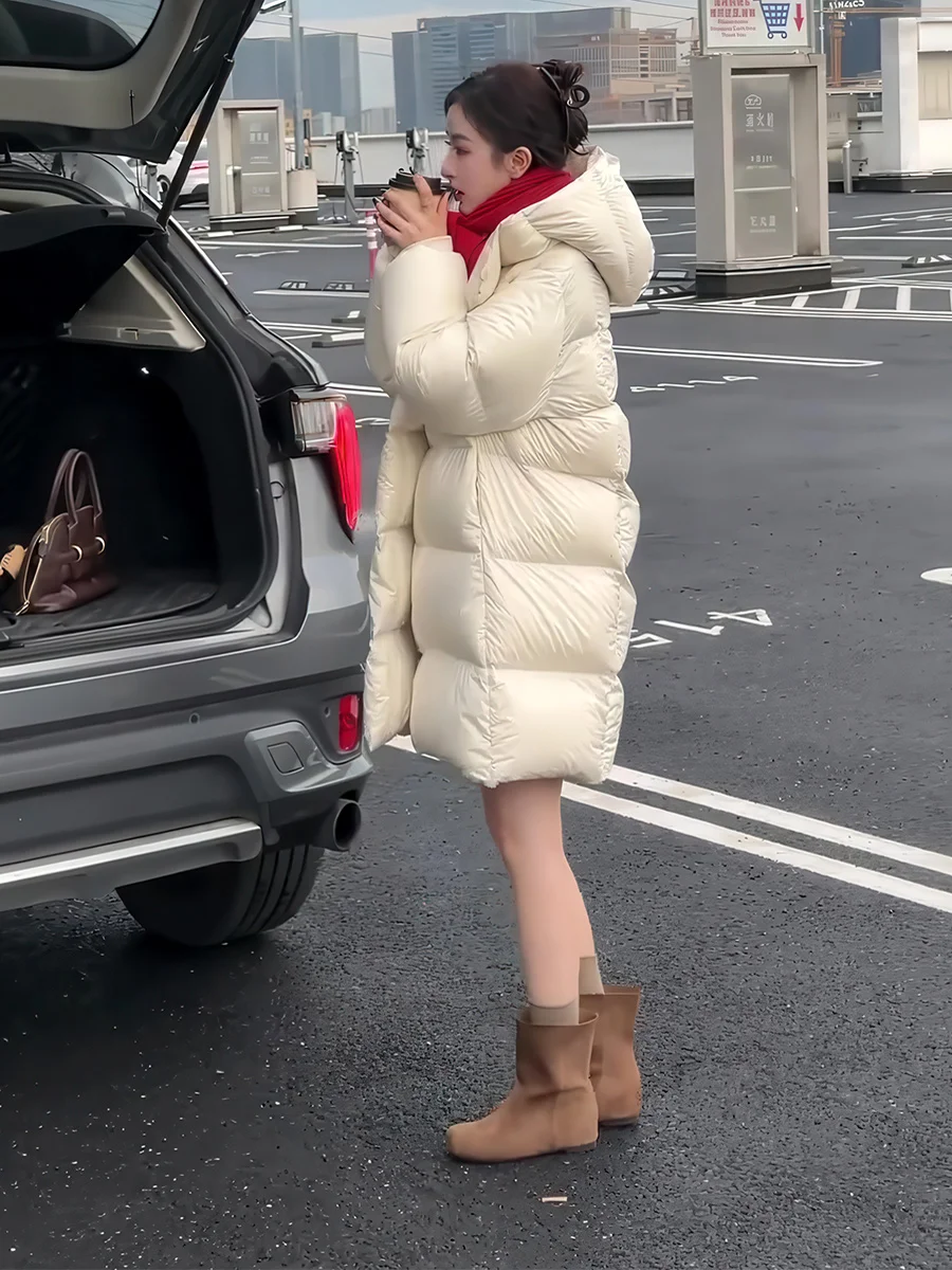 

Корейская женская зимняя куртка-пуховик средней длины с капюшоном, теплая, с 90% белым утиным пухом, повседневная, свободного кроя