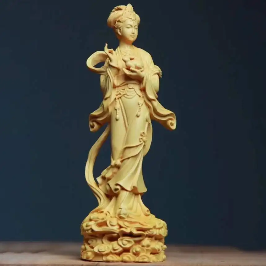 

Chinese Boxwood Huang-yang wood carving Moon Goddess Chang'e statue Desktop Decor