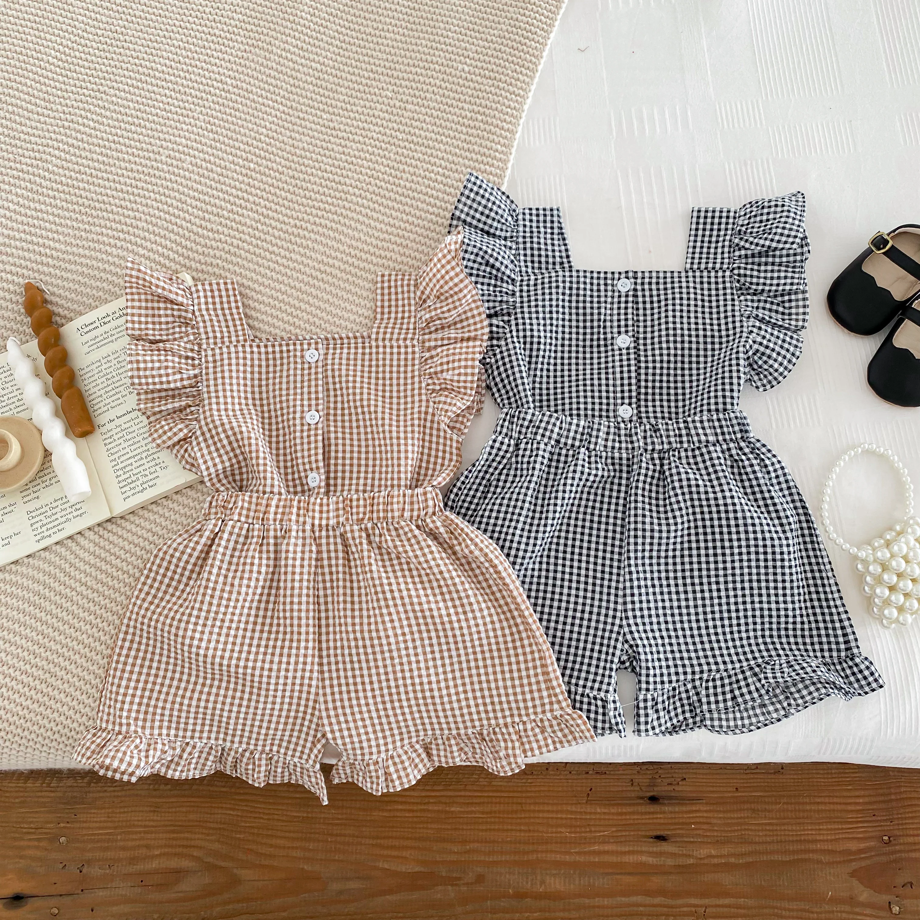 Korean Style Kids Outfit Baby Clothes Girls Summer Checkered Sleeveless Blouses + Shorts Two Piece Set 2-6yrs