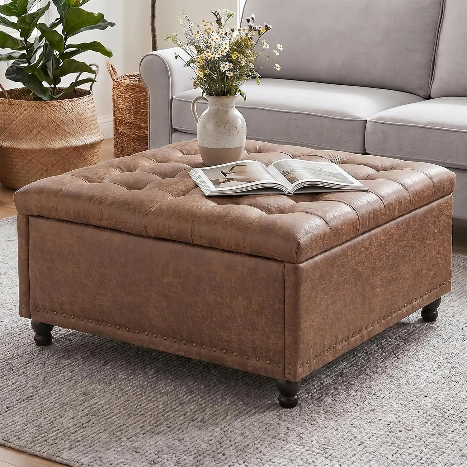 Square Storage Ottoman Coffee Table Rivet Decor Lift Top Hidden Storage Foot Stool Living Room Bedroom, Customized