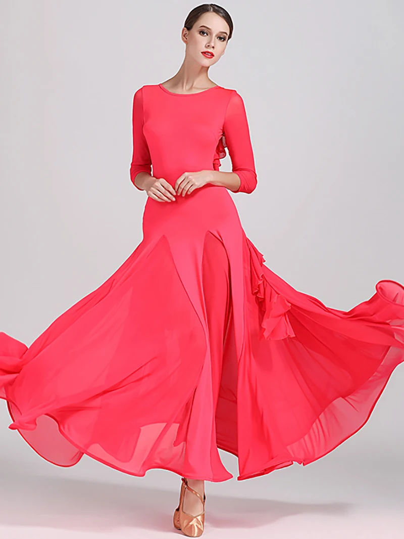 Adult Women Ballroom Dance Dress Mesh Ruffle Backless National Competition Ballroom Dancewear Female Evening Dresses