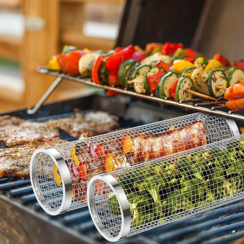 2 PCS BBQ Grill Basket Rolling Grilling Basket Stainless Steel Grill Mesh Barbeque Grill Portable Grill Baskets