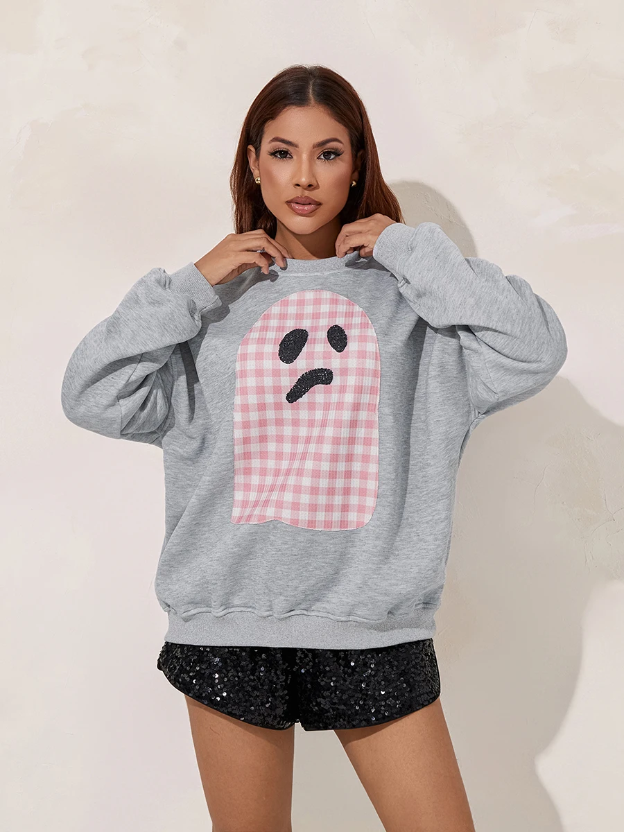 wsevypo Autumn Ghost Print Oversized Sweatshirts Women's Long Sleeve Round Neck Pullover Casual Tops Halloween Streetwear