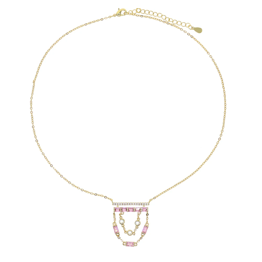 

Золотистое ожерелье с прямоугольным изумрудом, зелеными и розовыми кубическими циркониями, цепочкой-кисточкой и подвеской, женские украшения для женщин