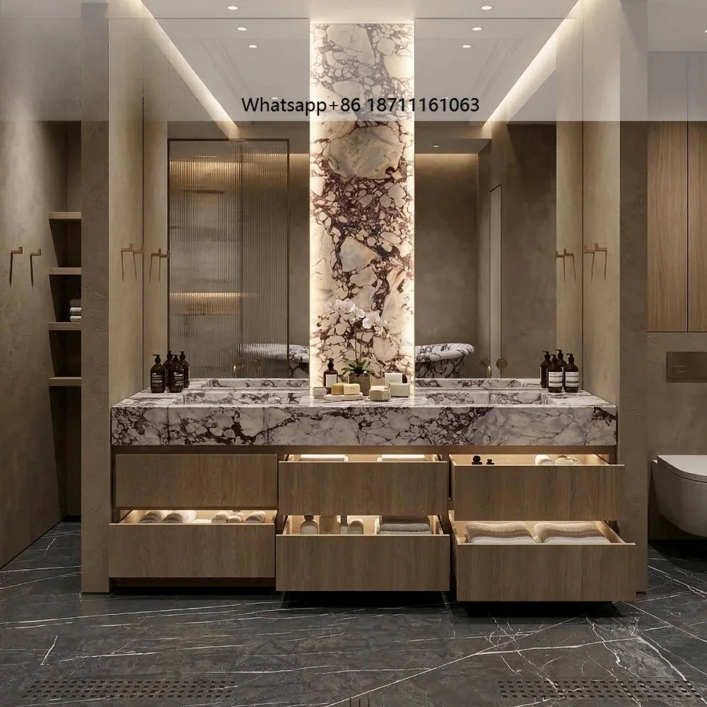 Cotrustone Calacatta Marble Double Vanity Custom Oak Millwork Freestanding Bathroom Cabinet for Villa