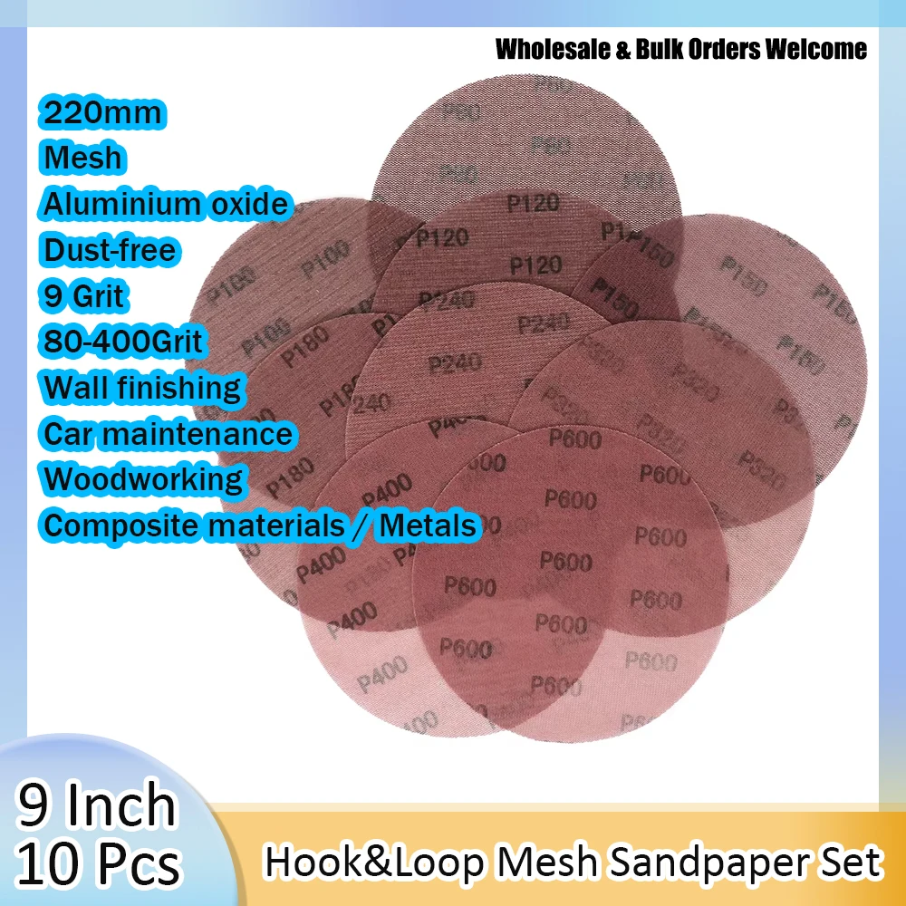 10Pcs 9 Inch 220mm Mesh Abrasive Hook&Loop Sand Paper Dust Free Sanding Discs Anti-blocking Dry Grinding Sandpaper 80-600#