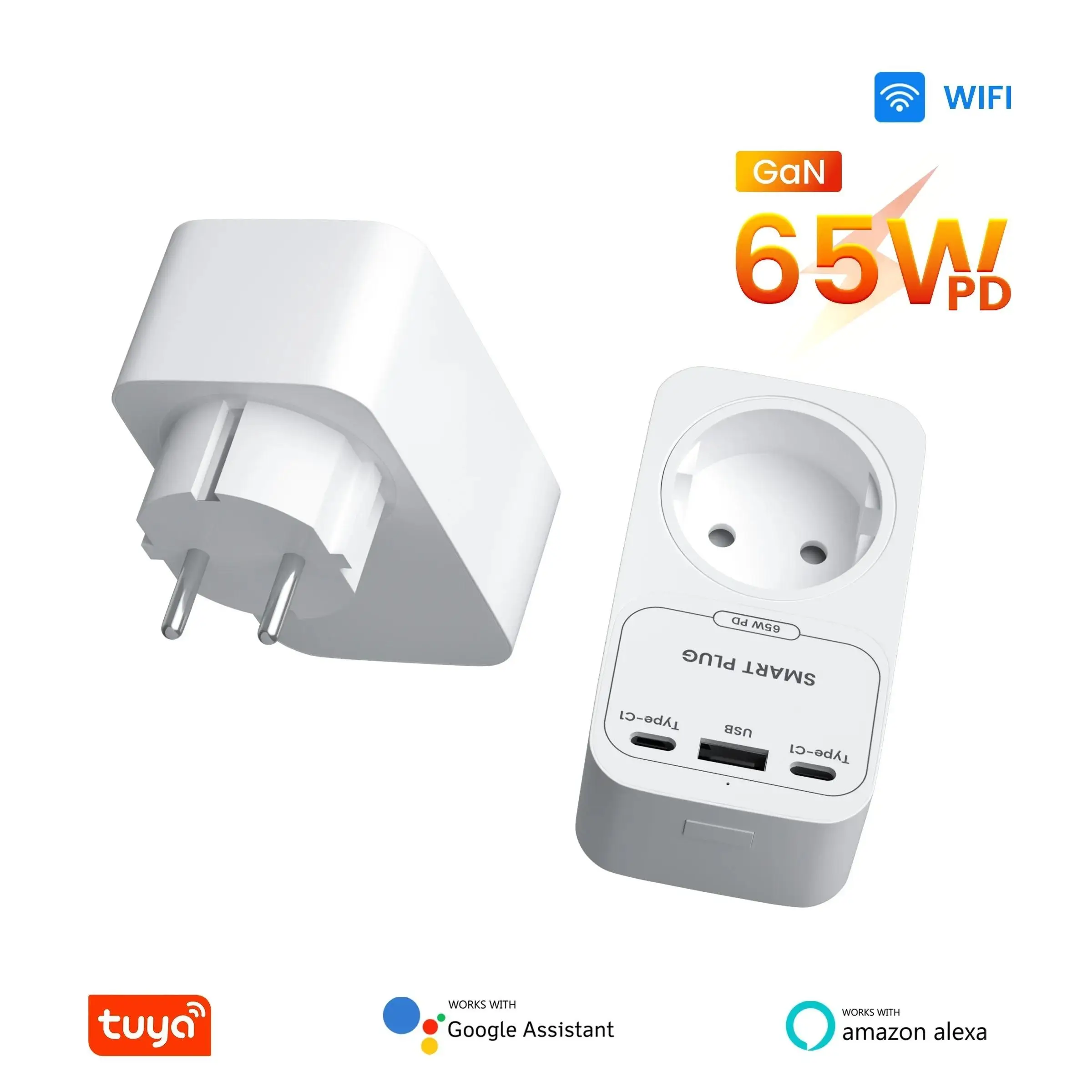 

Умная вилка Tuya с Wi-Fi, 65 Вт, быстрое зарядное устройство GaN, USB-C и порт быстрой зарядки, дизайн вилки стандарта ЕС/США/Великобритании/FR