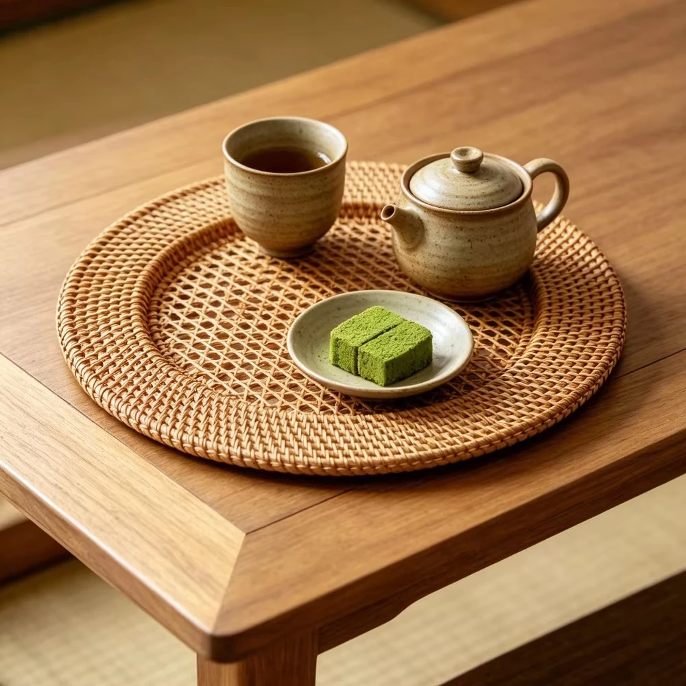1pc/3pcs/5pcs Multi-functional Round European-style Hand-woven Rattan Tray Retro Snack Storage Tray Hollow Design Tablecloth Pad view 6