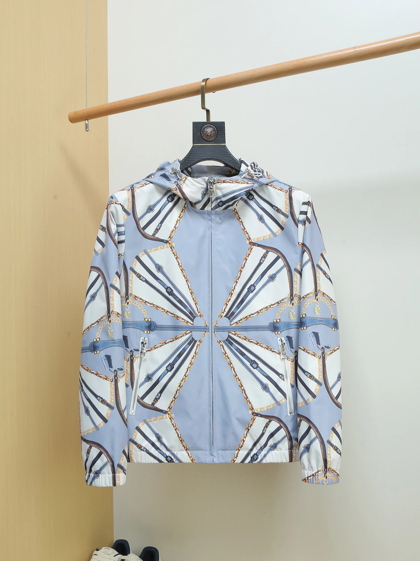 

Spring Autumn Thin Men's Jaet 2026 Casual Sle Full Body Print Slim Fit Hooded Outerwear Breathable Polyester Fabric Zippe...